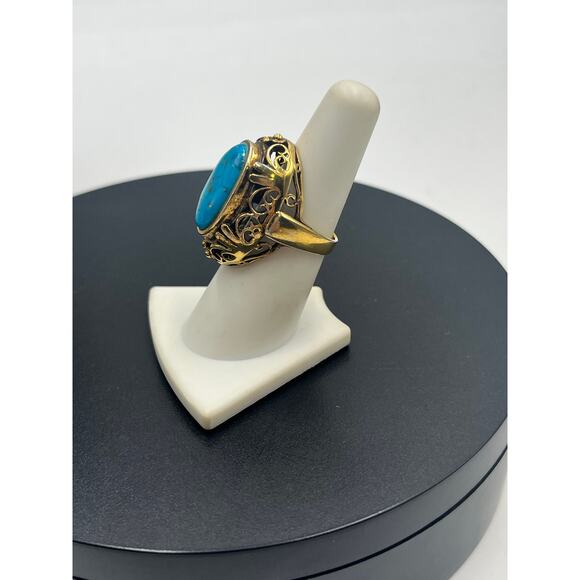 Vintage Designer Sterling Vermeil Turquoise Filigree Chunky Statement Ring Sz 7 - Picture 3 of 15